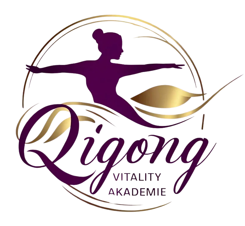 Logo Qigong Vitality Akademie mit stilisierter Frau in Qigong-Pose in Lila und Gold