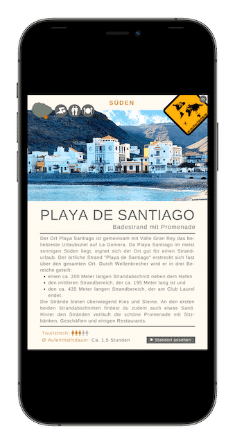 E-Book-Seite Playa de Santiago mit Beschreibung und Informationen