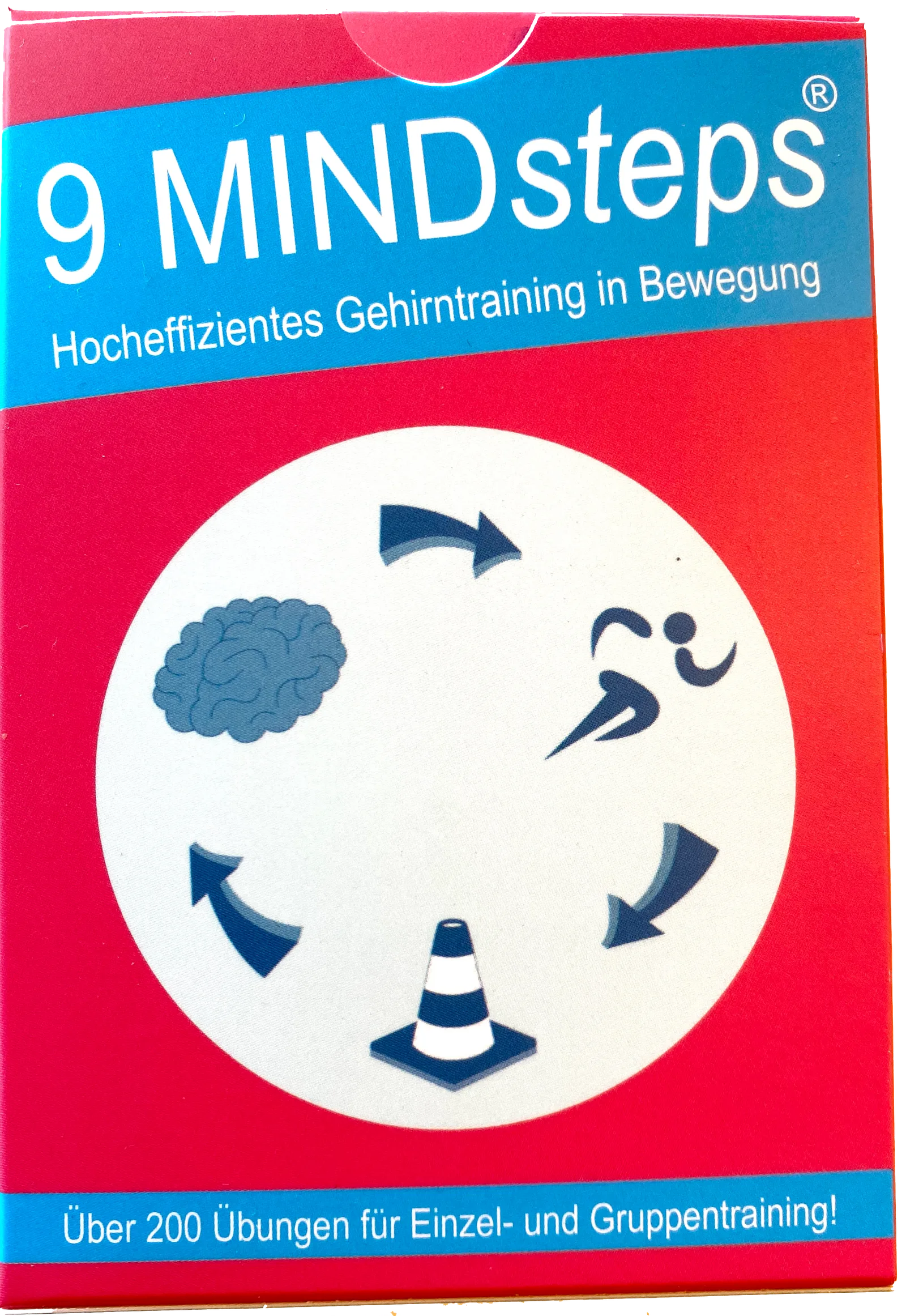 9 MINDsteps Produktverpackung Kartenset mit Gehirn-Symbol, Läufer und Verkehrshütchen auf rotem Hintergrund