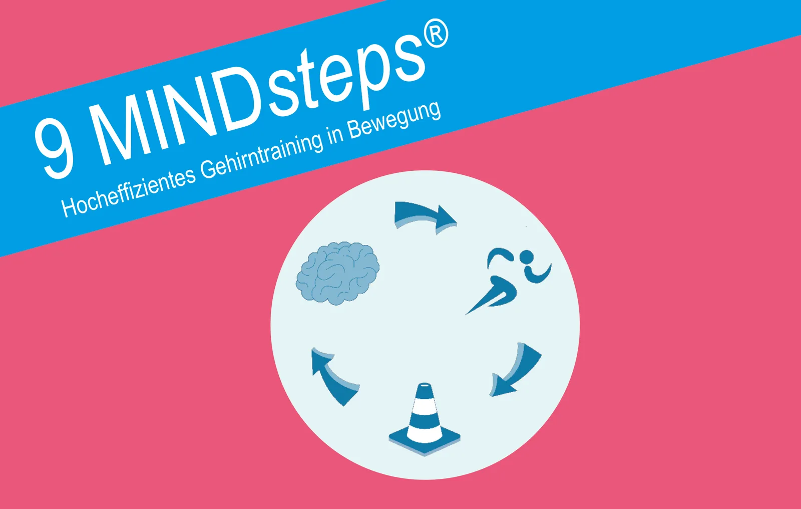 9 MINDsteps Kartenset-Cover mit Gehirn, Läufer, Pfeilen und Verkehrshütchen in blau-rosa Design