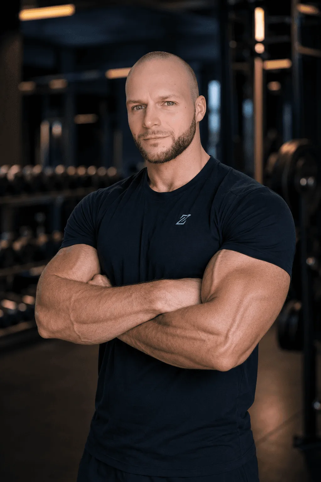 Francesco Zen Portrait im Fitnessstudio mit verschränkten Armen, schwarzes ZTraining Shirt