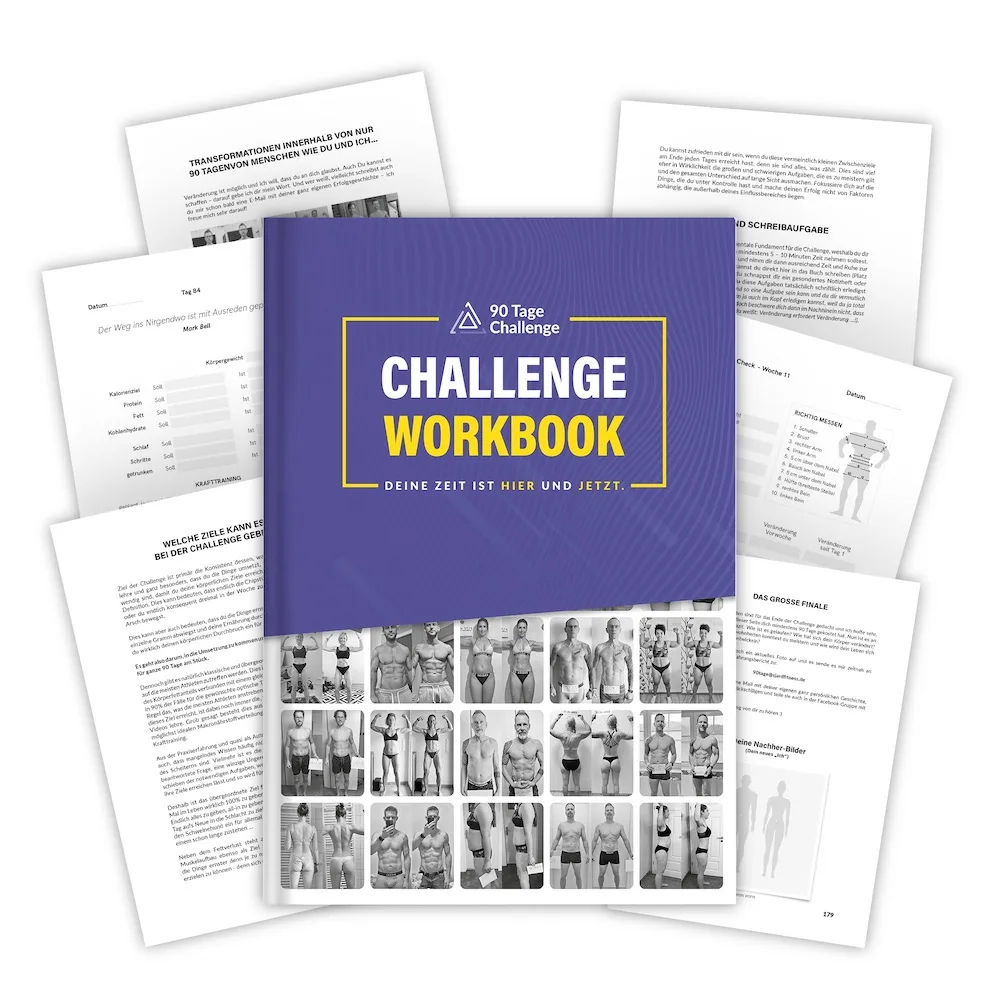90 Tage Challenge Workbook Cover mit offenen Buchseiten und Before-After-Fotos