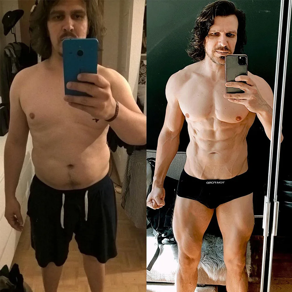 Vorher-Nachher Transformation Mann, links übergewichtig, rechts muskulös und definiert