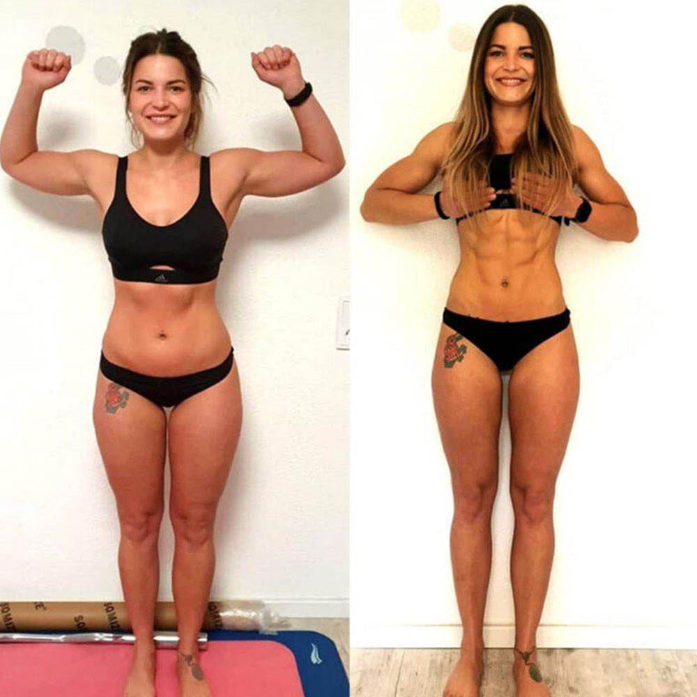 Vorher-Nachher Transformation Frau, links weniger definiert, rechts muskulös mit sichtbarem Sixpack