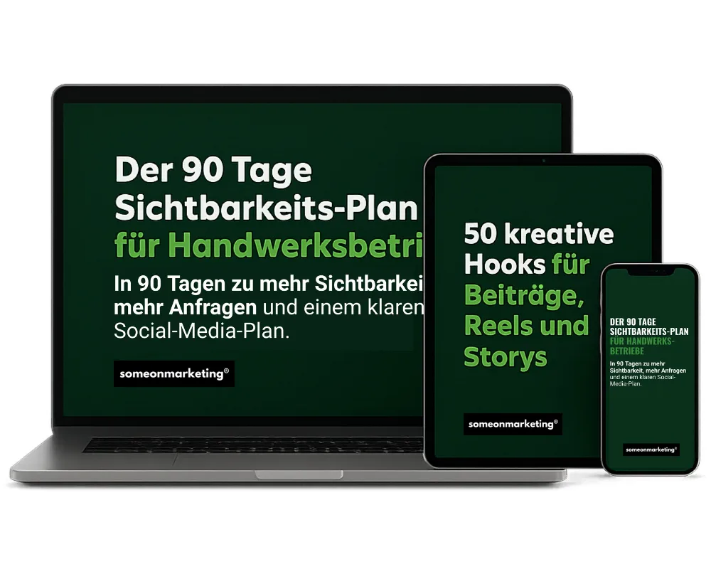 90-Tage-Sichtbarkeits-Plan für Handwerksbetriebe von Daniel Hartig 1 90-Tage-Sichtbarkeits-Plan für Handwerksbetriebe auf Laptop, Tablet und Smartphone mit grünem Hintergrund