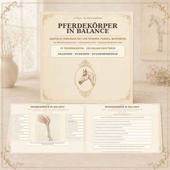Mockup Pferdekörper in Balance Set mit Anatomie und Themenkarten für Resopix und Pendel
