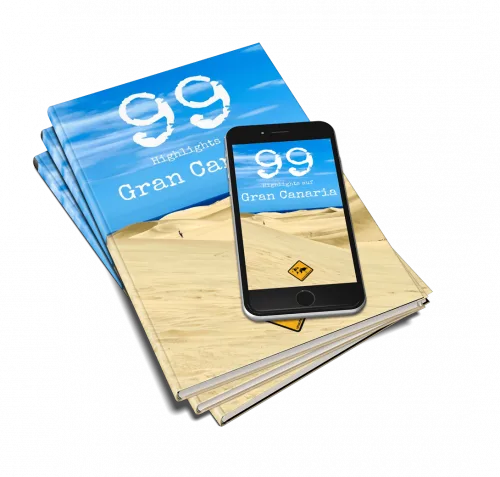 99 Gran Canaria Highlights E-Book mit Smartphone und gestapelten Broschüren