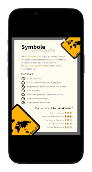 Smartphone-Screenshot E-Book Reiseführer mit Symbole und Legende