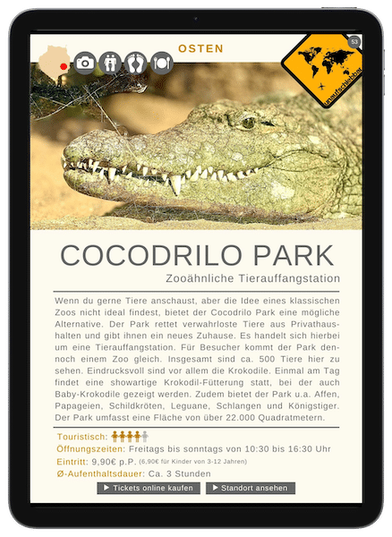 Tablet-Screenshot Reiseführer Gran Canaria Cocodrilo Park mit Krokodilfoto