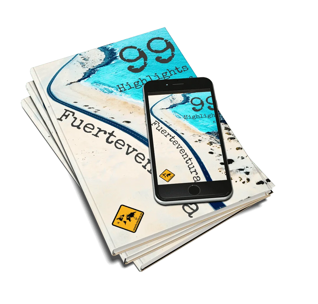 99 Highlights auf Fuerteventura – Reiseführer als E-Book 10 Buch und Smartphone nebeneinander mit Fuerteventura Reiseführer Cover