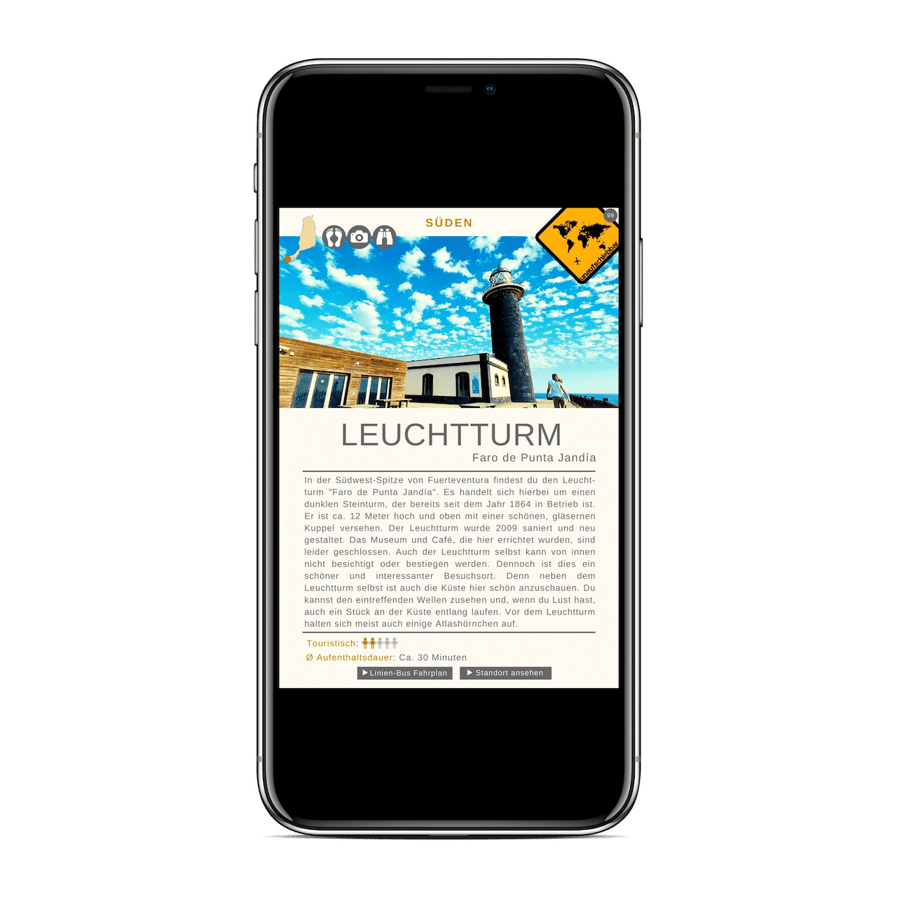 99 Highlights auf Fuerteventura – Reiseführer als E-Book 8 iPhone-Screenshot Leuchtturm Faro de Punta Jandía in Südwest