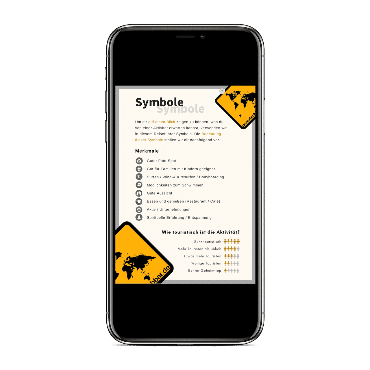99 Highlights auf Fuerteventura – Reiseführer als E-Book 9 iPhone-Screenshot Symbole und Merkmale des Fuerteventura Reiseführers