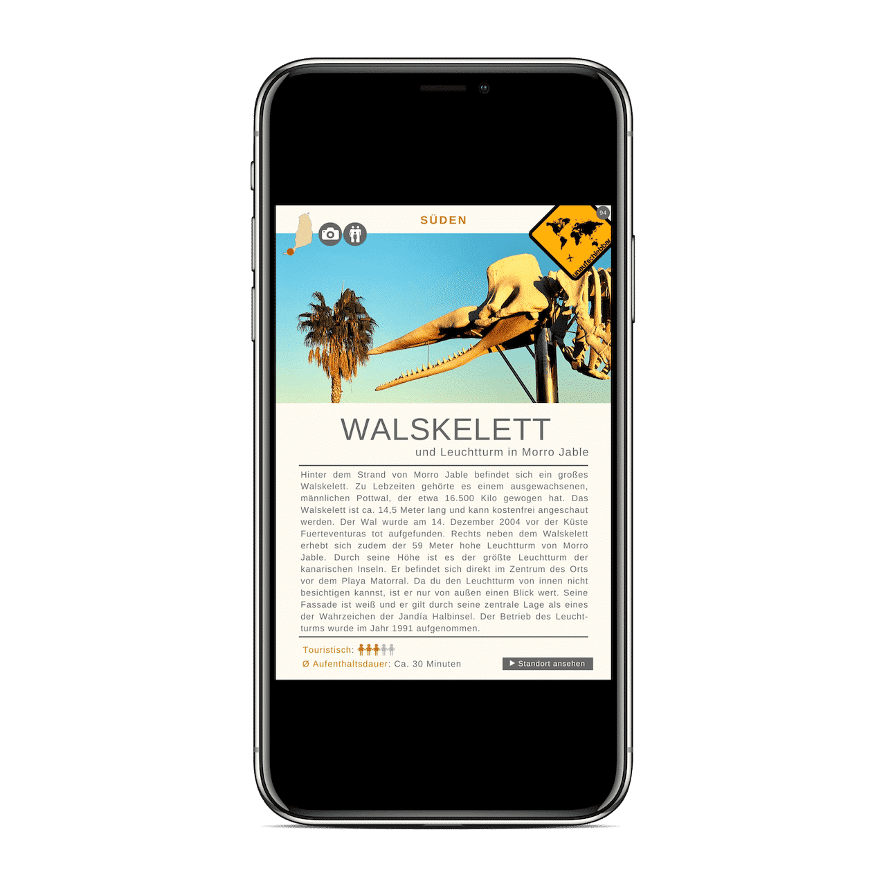 99 Highlights auf Fuerteventura – Reiseführer als E-Book 3 iPhone-Screenshot Walskelett und Leuchtturm in Morro Jable