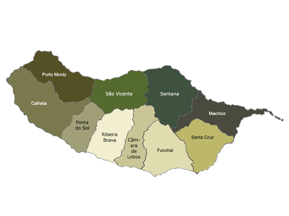 Madeira Karte mit Regionen und Administrativen Grenzen farbig markiert