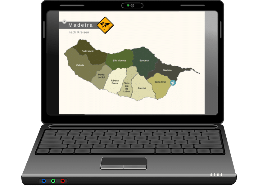 Laptop-Mockup E-Book Madeira Karte nach Kreisen mit Regionen