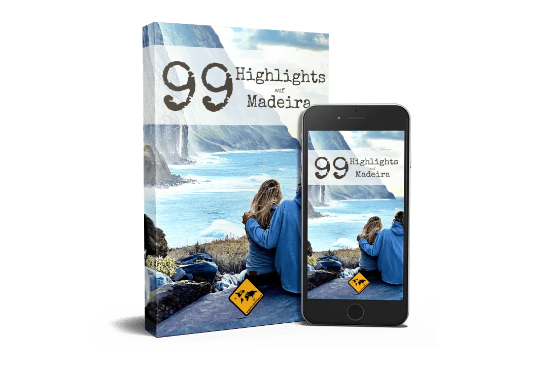 99 Highlights auf Madeira E-Book mit Smartphone und Printversion nebeneinander