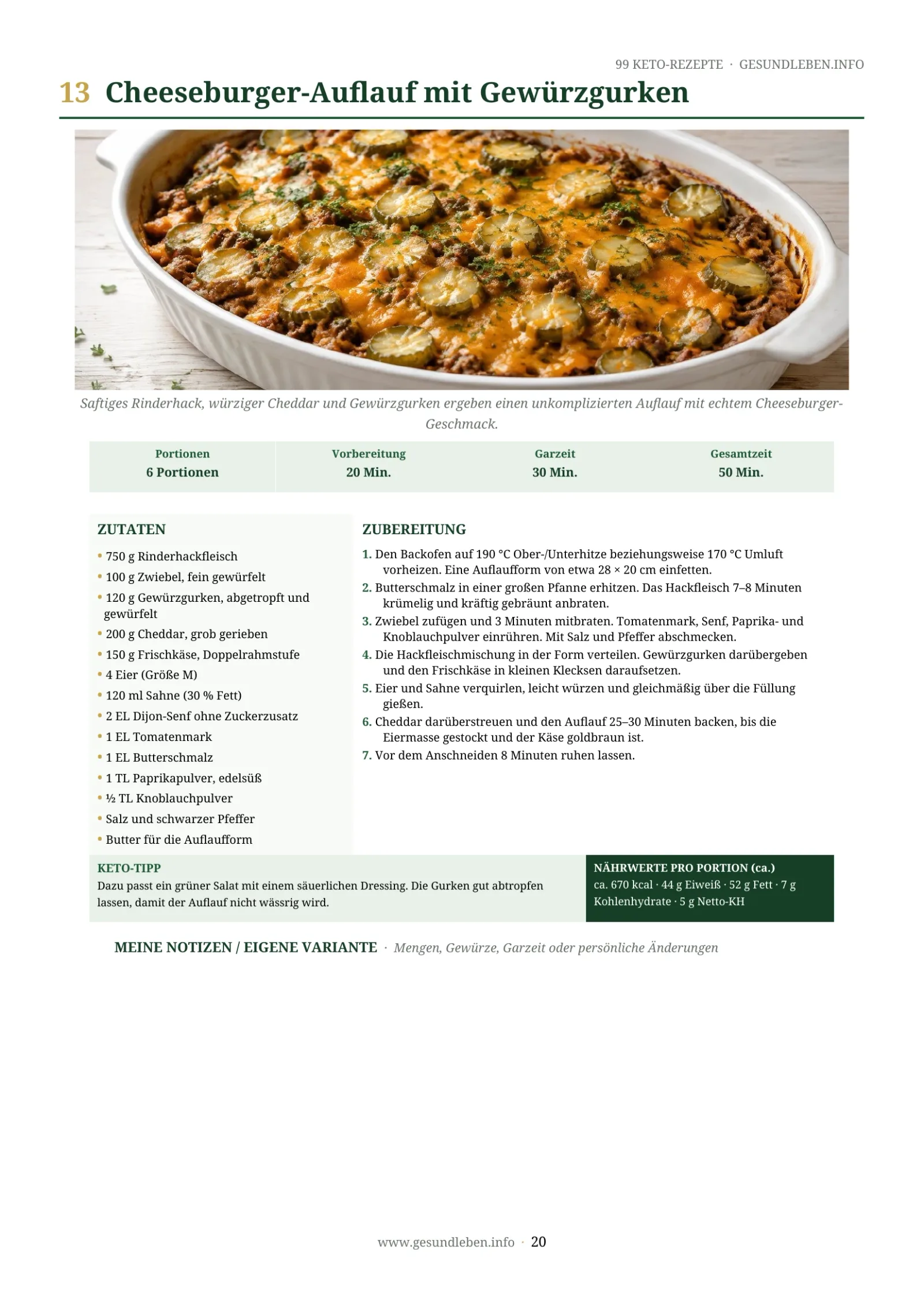 99 Keto-Rezepte – Keto-Kochbuch als E-Book 5 Rezeptseite 13 Cheeseburger-Auflauf mit Gewürzgurken in Auflaufform