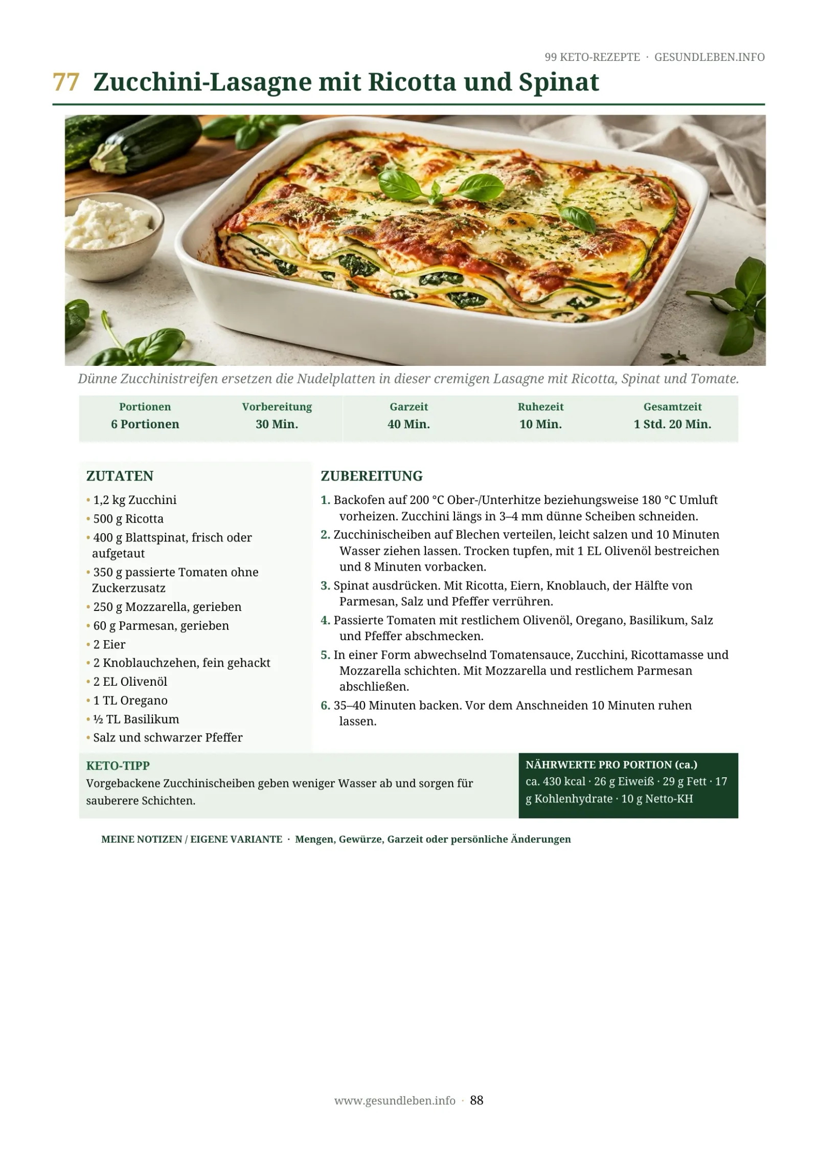 99 Keto-Rezepte – Keto-Kochbuch als E-Book 6 Rezeptseite 77 Zucchini-Lasagne mit Ricotta und Spinat in Auflaufform