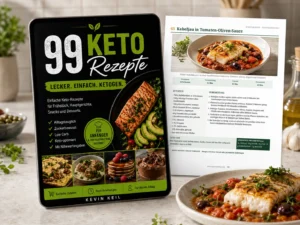 99 Keto-Rezepte digitales Kochbuch mit Kabeljau in Tomaten-Oliven-Sauce und aufgeschlagenem Rezept