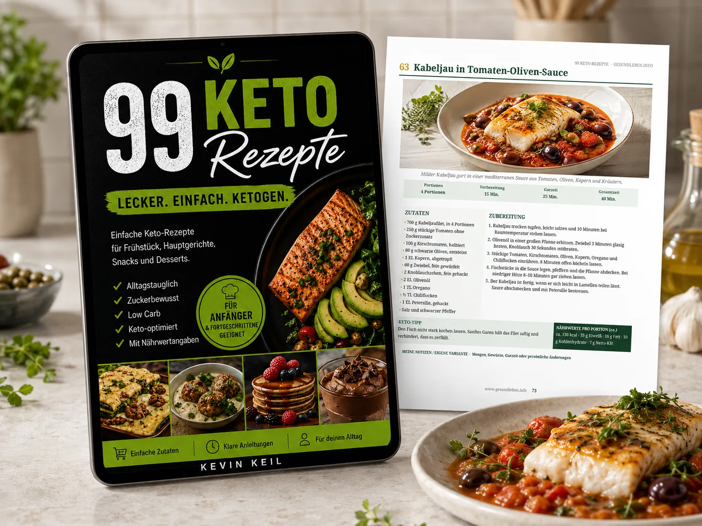 99 Keto-Rezepte – Keto-Kochbuch als E-Book 1 99 Keto-Rezepte digitales Kochbuch mit Kabeljau in Tomaten-Oliven-Sauce und aufgeschlagenem Rezept