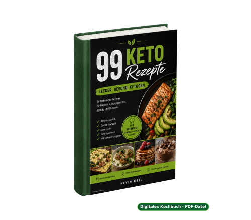99 Keto-Rezepte – Keto-Kochbuch als E-Book 2 99 Keto-Rezepte grünes E-Book Cover mit Lachs und Gemüse