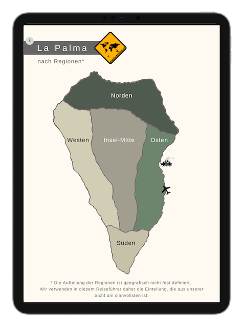 Tablet-Screenshot Landkarte La Palma mit Regionen Norden Westen Osten