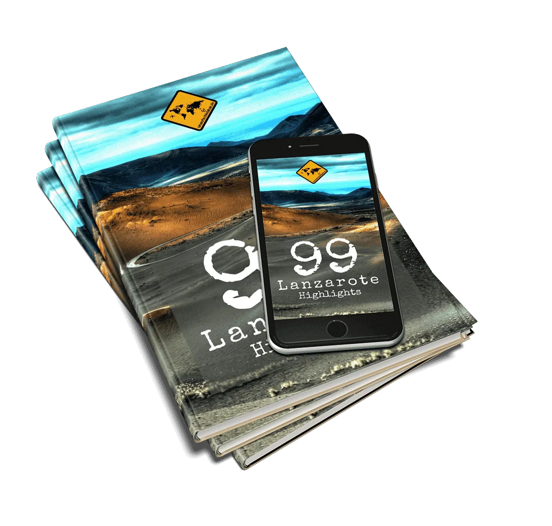 99 Lanzarote Highlights – Reiseführer als E-Book von rheinrost GmbH 1 Produktmockup mit mehreren Lanzarote Highlights Büchern, iPhone und E-Book-Cover nebeneinander