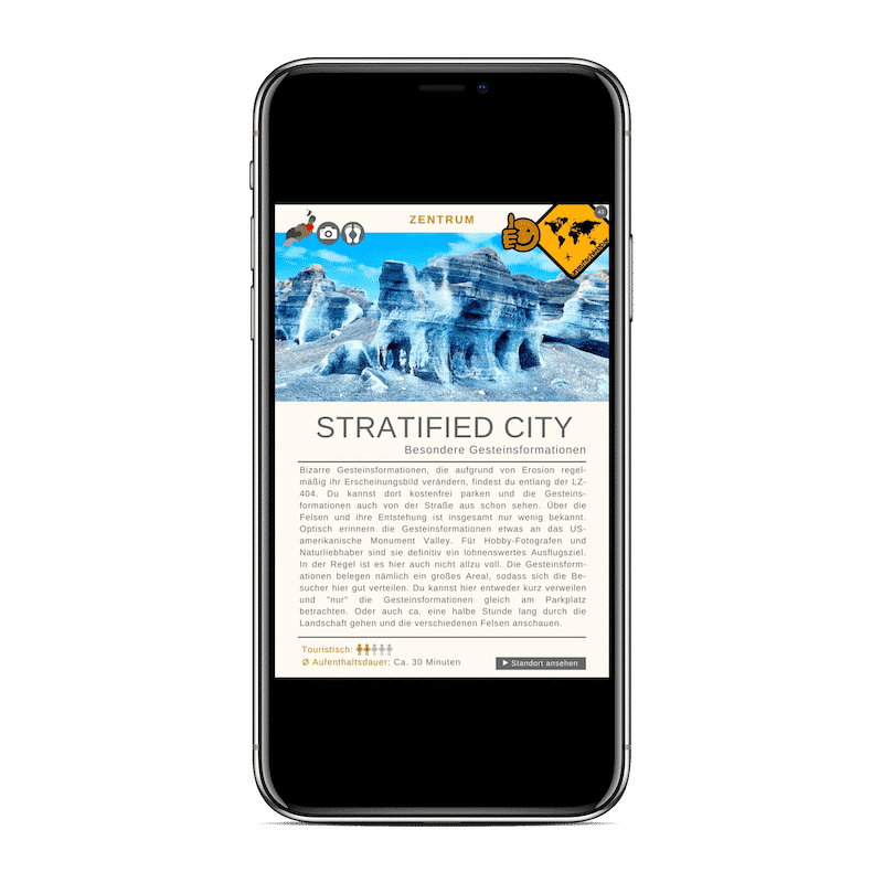 iPhone X Screenshot mit Arrecife Stratified City Touristikinformation und Vulkangestein-Illustration