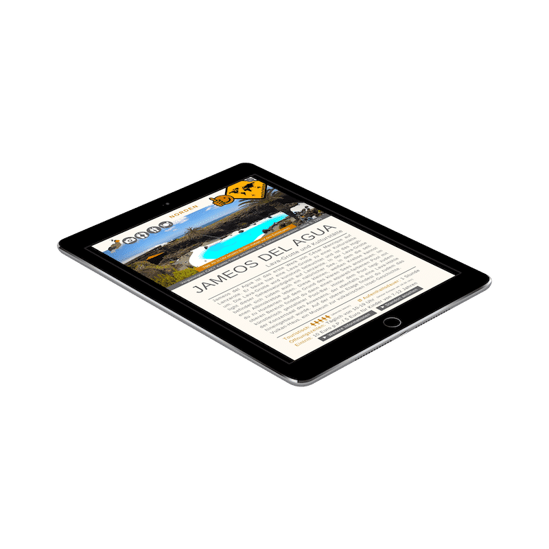 iPad-Mockup in isometrischer Ansicht mit Jameos del Agua Naturpool und Touristikinformation