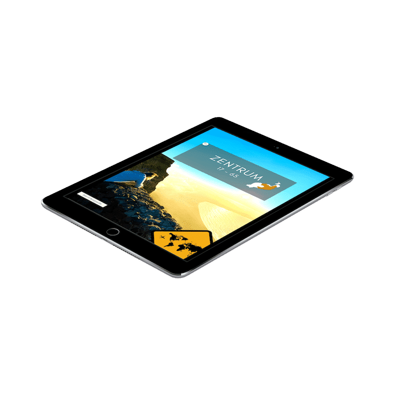 iPad-Mockup in isometrischer Ansicht mit Lanzarote Deckblatt und Zentrum-Thema