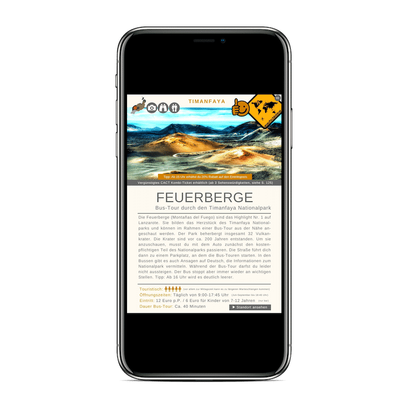 iPhone X Screenshot mit Timanfaya Nationalpark Feuerberge und detaillierter Touristikinformation