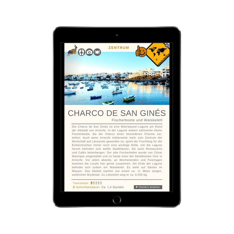 iPad-Display mit Charco de San Ginés Fischerboote und Lagune sowie Ortsbesonderheiten