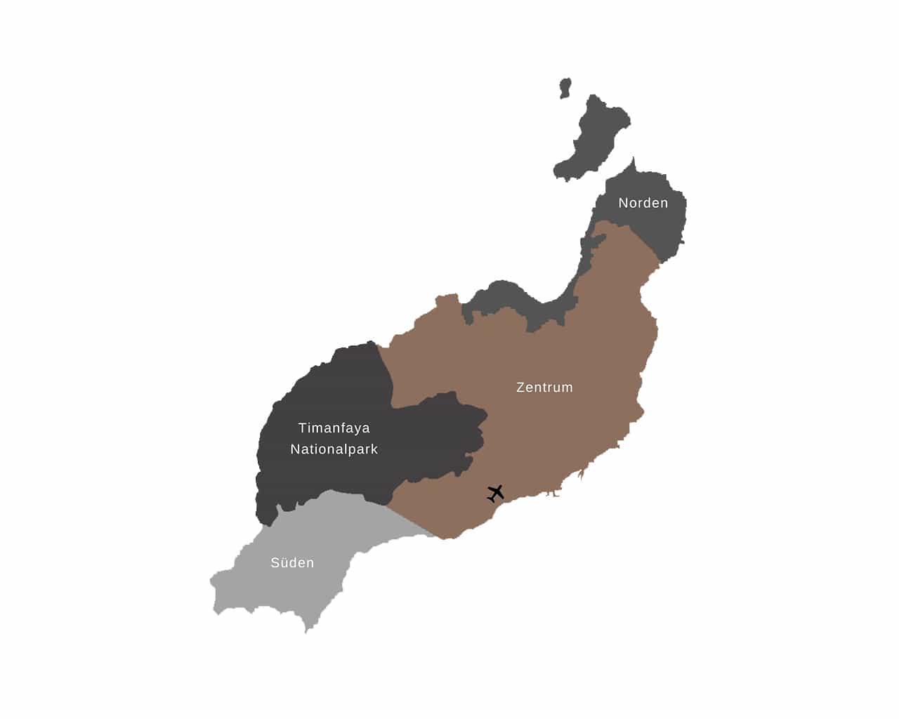 Karte von Lanzarote mit Regionen Norden, Zentrum, Timanfaya Nationalpark und Süden in Farben
