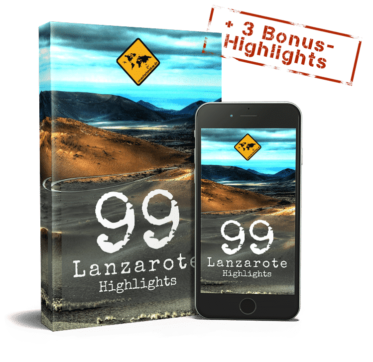 99 Lanzarote Highlights E-Book Cover und iPhone Mockup mit Vulkanlandschaft und Bonusleuchtkästen