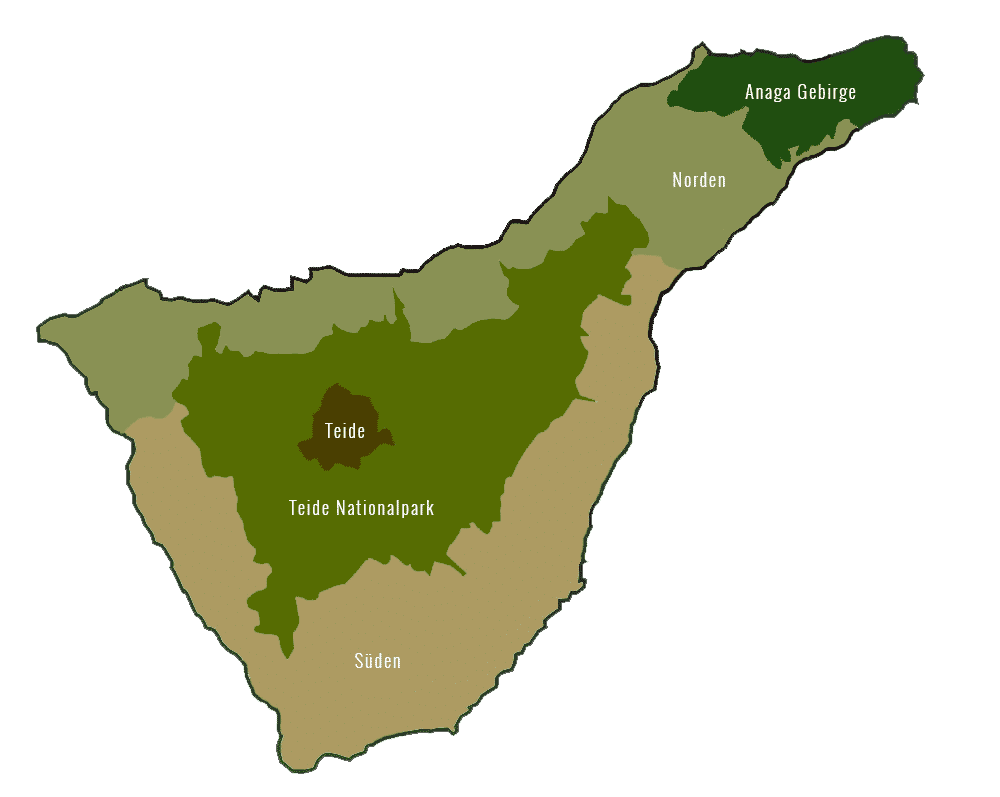 Farbige Karte der Insel Teneriffa mit Regionen Norden, Süden, Anaga Gebirge und Teide Nationalpark