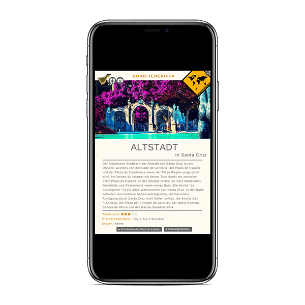 iPhone X Mockup im Hochformat mit Santa Cruz Altstadt Seite aus dem Teneriffa Reiseführer