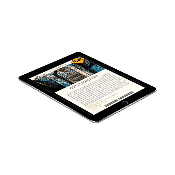iPad Air 2 Mockup im Querformat mit Geisterstadt Abades Seite aus dem Süd-Teneriffa Reiseführer