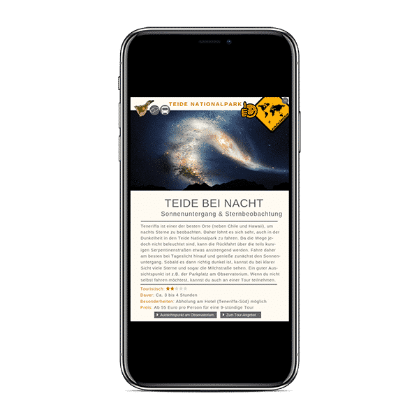 iPhone X Mockup im Hochformat mit Teide bei Nacht Seite aus dem Teneriffa Nationalpark Reiseführer