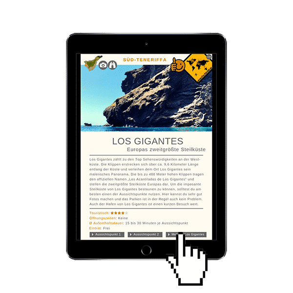 iPad Air 2 Mockup im Hochformat mit Los Gigantes Seite aus dem Süd-Teneriffa Reiseführer