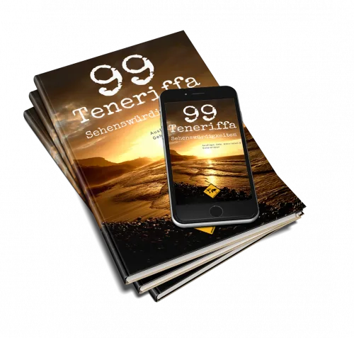 E-Book und Smartphone-Mockup von 99 Teneriffa Sehenswürdigkeiten mit Sonnenuntergang-Cover