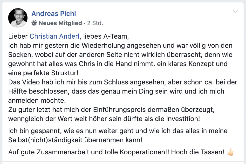 A-Team – Coaching für Selbstständige von Christian Anderl 6 Testimonial von Andreas Pichl über Videotraining und Konzept