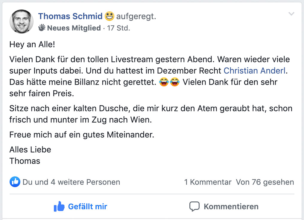 A-Team – Coaching für Selbstständige von Christian Anderl 7 Testimonial von Thomas Schmid über Livestream und faire Preisgestaltung