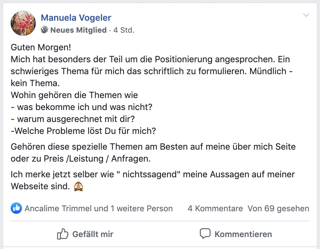 A-Team – Coaching für Selbstständige von Christian Anderl 10 Testimonial von Manuela Vogeler über Positionierung und Selbstständigkeit