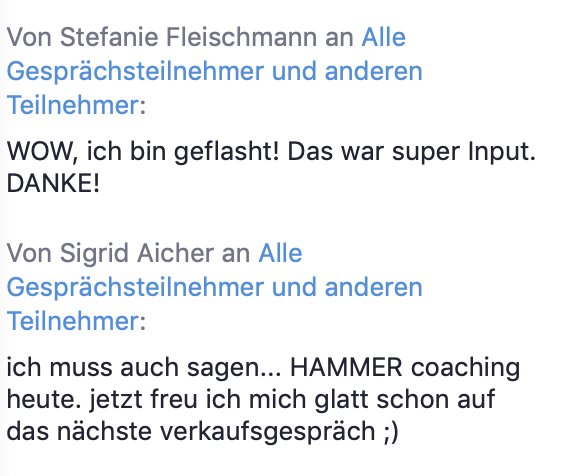A-Team – Coaching für Selbstständige von Christian Anderl 9 Screenshot mit Feedback-Kommentaren von Stefanie Fleischmann und Sigrid Aicher