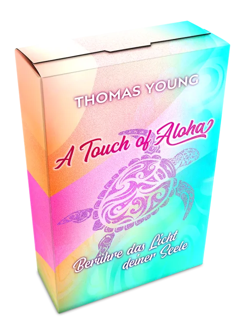 A Touch of Aloha Produktbox mit Schildkröten-Motiv, Regenbogen-Farbverlauf, Thomas Young