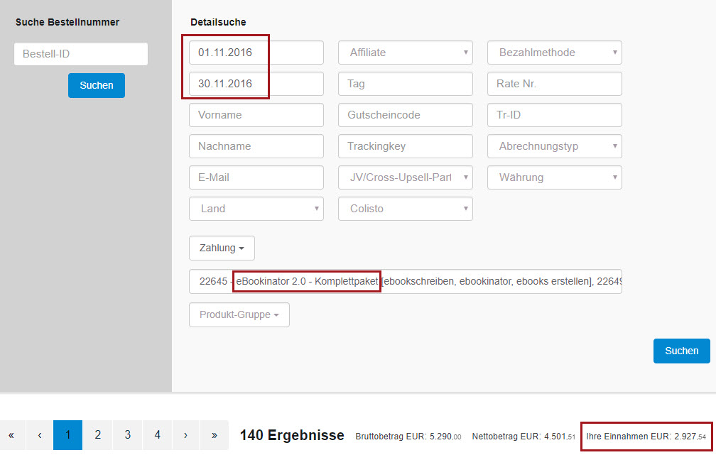 Detailsuche-Formular für Bestellungen mit Zeitraum 01.11.2016 bis 30.11.2016 und eBookinator-Produkt