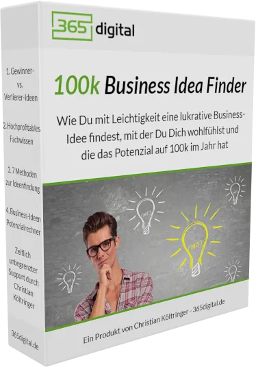 Produktverpackung des 365 digital 100k Business Idea Finder Kurses mit Autorenfoto und grünem Branding