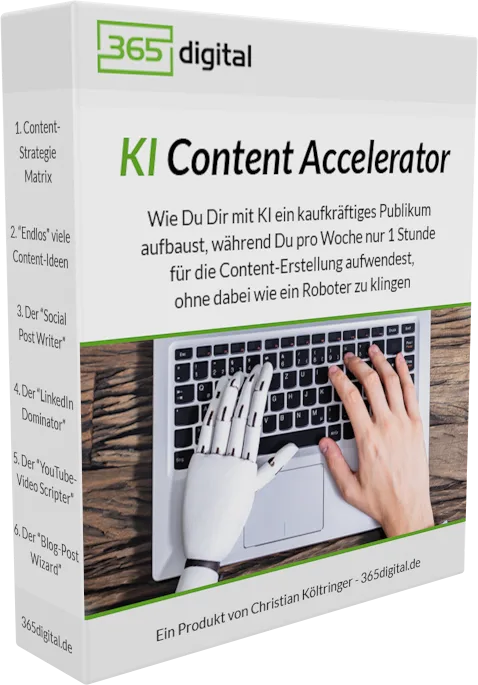 Produktverpackung des 365 digital KI Content Accelerator mit Laptop-Tastatur-Motiv und grünem Branding, sechs Module aufgelis