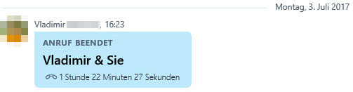 Skype-Nachricht von Vladimir mit Bestätigung eines Datums und einer Stunde Gesprächsdauer