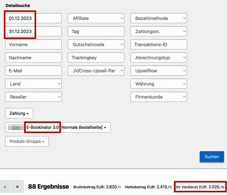 Detailsuche-Formular für Bestellungen mit Datumsfilter, Affiliate-Optionen und Produktauswahl